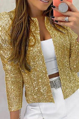 Hnewly - Black Casual Patchwork Sequins Cardigan O Neck Outerwear Coats