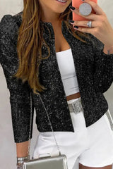 Hnewly - Black Casual Patchwork Sequins Cardigan O Neck Outerwear Coats