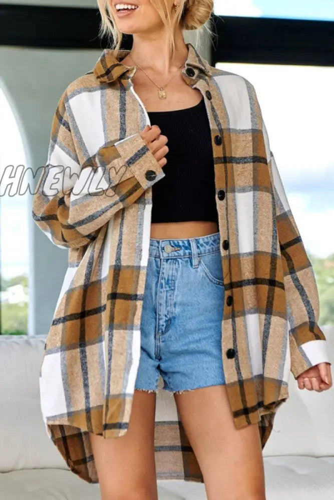 Hnewly - Black Casual Plaid Cardigan Turndown Collar Outerwear Coats