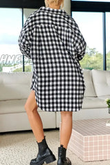 Hnewly - Black Casual Plaid Cardigan Turndown Collar Outerwear Coats