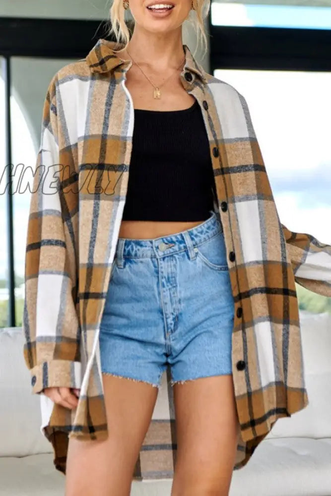 Hnewly - Black Casual Plaid Cardigan Turndown Collar Outerwear Coats