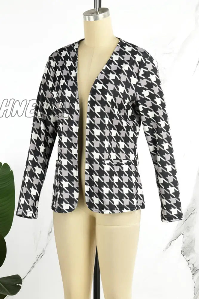 Hnewly - Black Casual Print Cardigan Outerwear Coats Suits