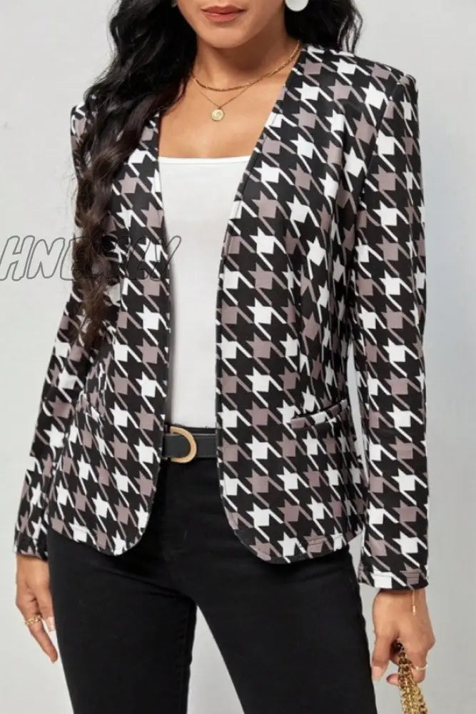 Hnewly - Black Casual Print Cardigan Outerwear Coats Suits