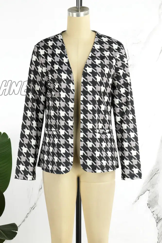 Hnewly - Black Casual Print Cardigan Outerwear Coats Suits