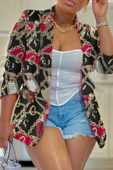 Hnewly - Black Casual Print Cardigan Turn-Back Collar Outerwear Coats Suits