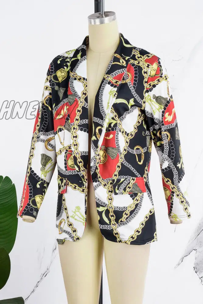 Hnewly - Black Casual Print Cardigan Turn-Back Collar Outerwear Coats Suits