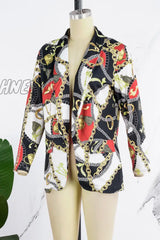 Hnewly - Black Casual Print Cardigan Turn-Back Collar Outerwear Coats Suits