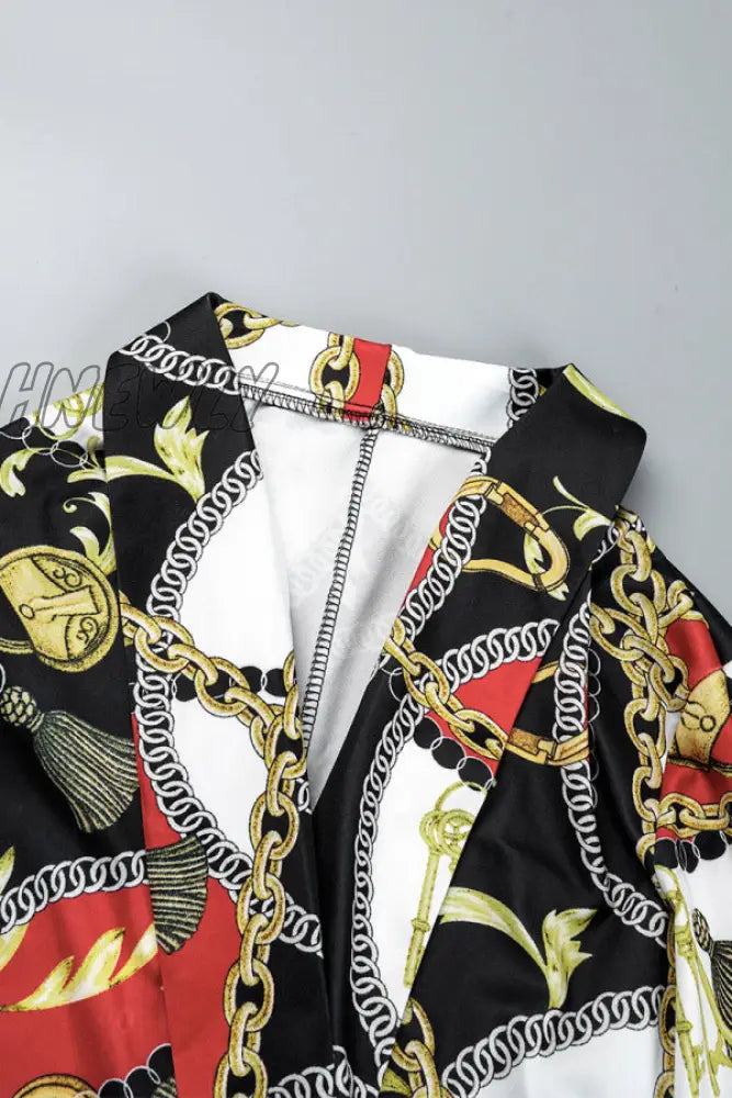 Hnewly - Black Casual Print Cardigan Turn-Back Collar Outerwear Coats Suits