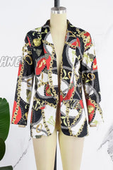 Hnewly - Black Casual Print Cardigan Turn-Back Collar Outerwear Coats Suits