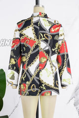 Hnewly - Black Casual Print Cardigan Turn-Back Collar Outerwear Coats Suits