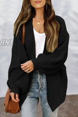 Hnewly - Black Casual Simplicity Solid Cardigan Collar Outerwear Coats