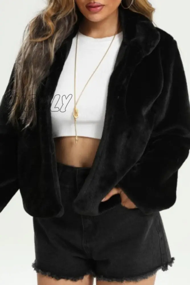 Hnewly - Black Casual Solid Cardigan Outerwear Coats