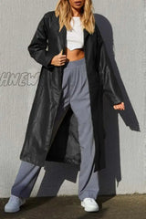 Hnewly - Black Casual Solid Cardigan Turndown Collar Outerwear Coats