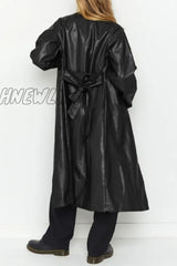 Hnewly - Black Casual Solid Cardigan Turndown Collar Outerwear Coats