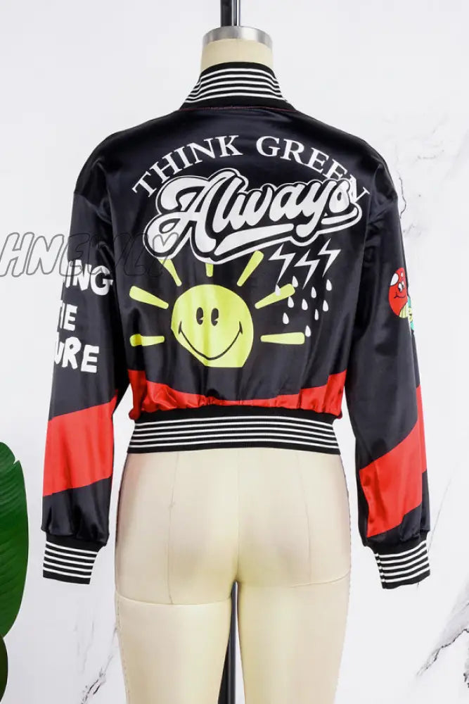 Hnewly - Black Casual Sportswear Print Patchwork Buckle Cardigan Collar Outerwear Coats Blazer &