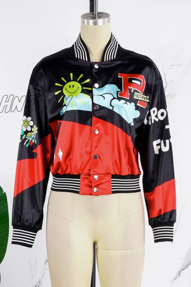 Hnewly - Black Casual Sportswear Print Patchwork Buckle Cardigan Collar Outerwear Coats Blazer &