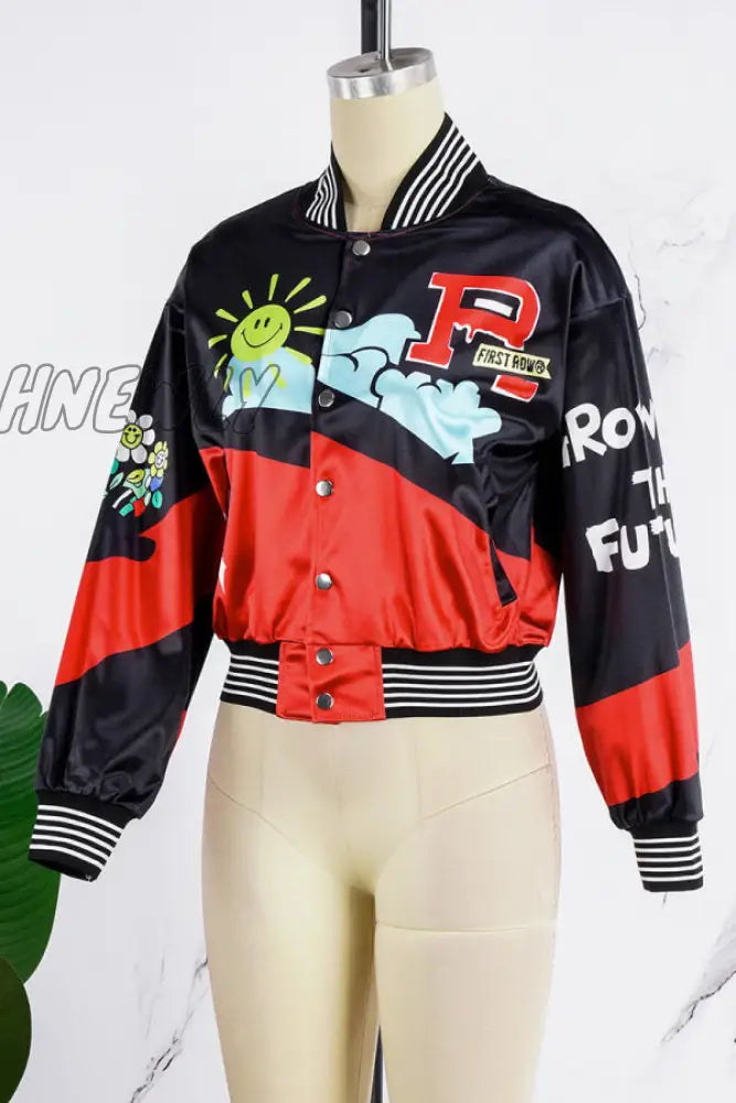 Hnewly - Black Casual Sportswear Print Patchwork Buckle Cardigan Collar Outerwear Coats Blazer &