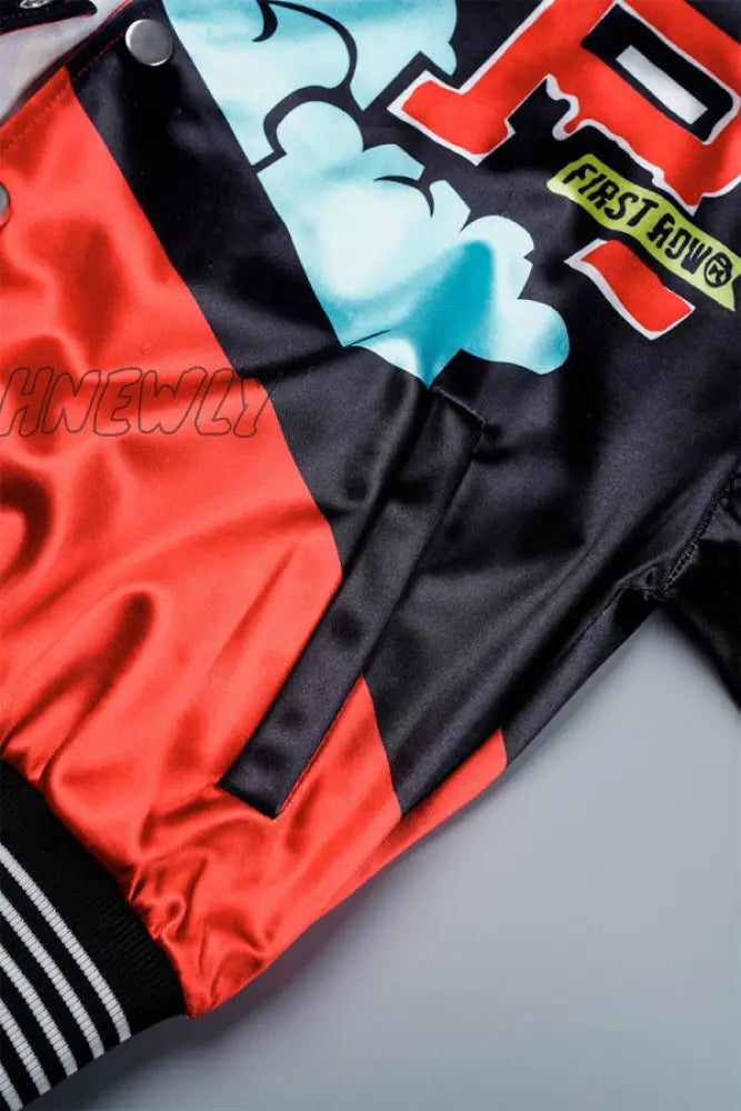 Hnewly - Black Casual Sportswear Print Patchwork Buckle Cardigan Collar Outerwear Coats Blazer &