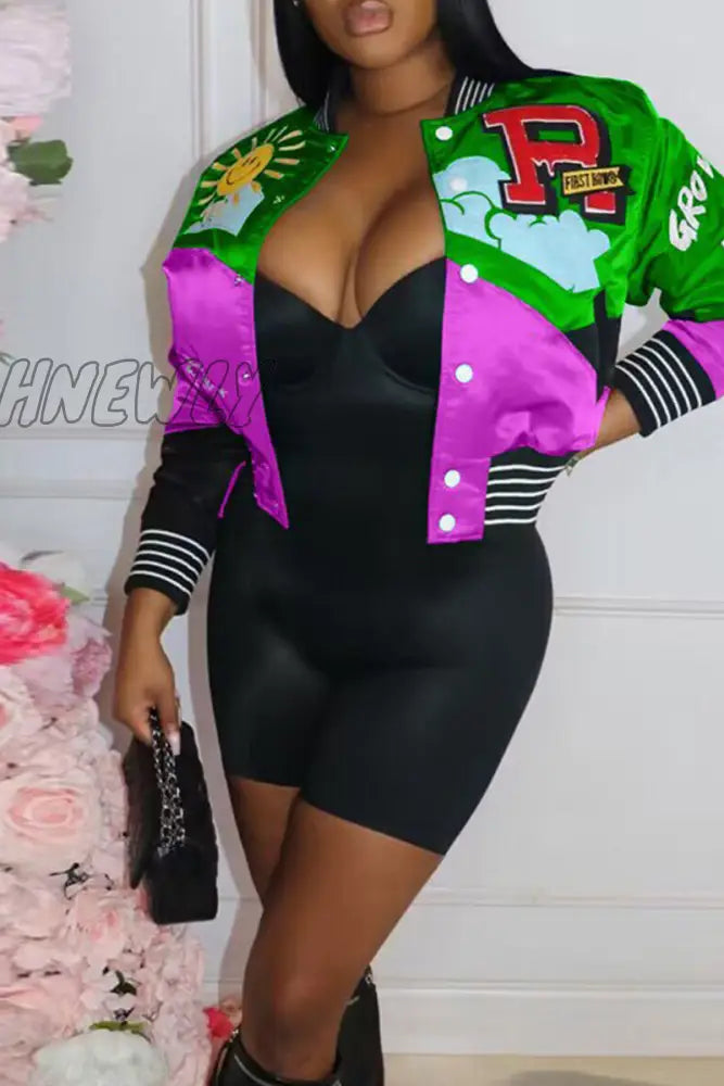 Hnewly - Black Casual Sportswear Print Patchwork Buckle Cardigan Collar Outerwear Green / S Coats