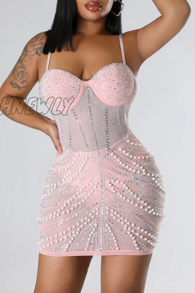 Hnewly - Black Celebrities Elegant Hot Drilling Patchwork Beading Mesh Spaghetti Strap Wrapped