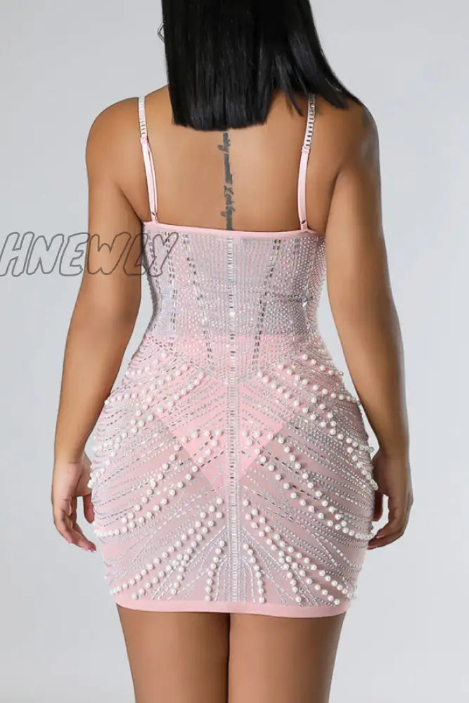 Hnewly - Black Celebrities Elegant Hot Drilling Patchwork Beading Mesh Spaghetti Strap Wrapped