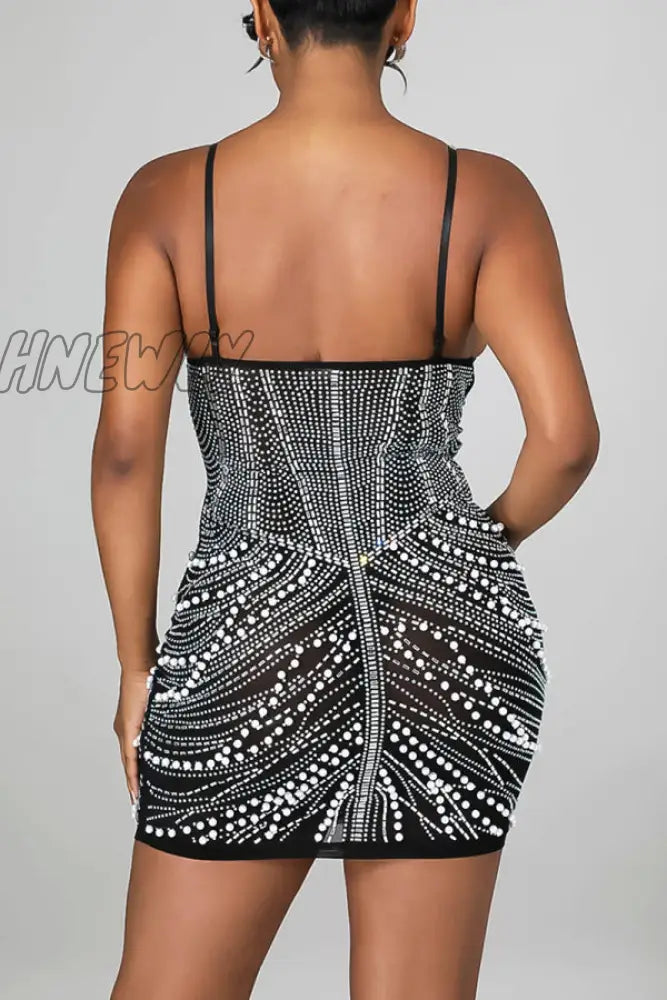 Hnewly - Black Celebrities Elegant Hot Drilling Patchwork Beading Mesh Spaghetti Strap Wrapped