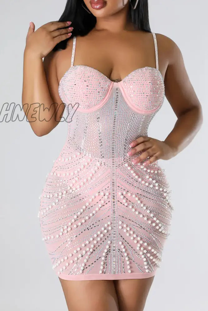 Hnewly - Black Celebrities Elegant Hot Drilling Patchwork Beading Mesh Spaghetti Strap Wrapped