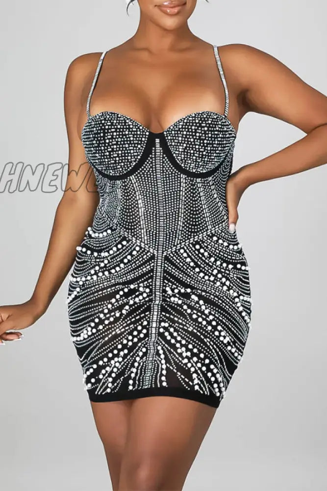 Hnewly - Black Celebrities Elegant Hot Drilling Patchwork Beading Mesh Spaghetti Strap Wrapped