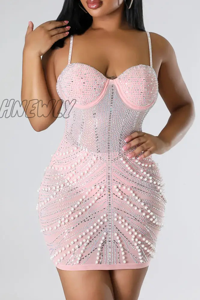 Hnewly - Black Celebrities Elegant Hot Drilling Patchwork Beading Mesh Spaghetti Strap Wrapped