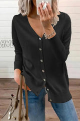 Hnewly - Black Elegant Solid Buttons V Neck Outerwear Coats