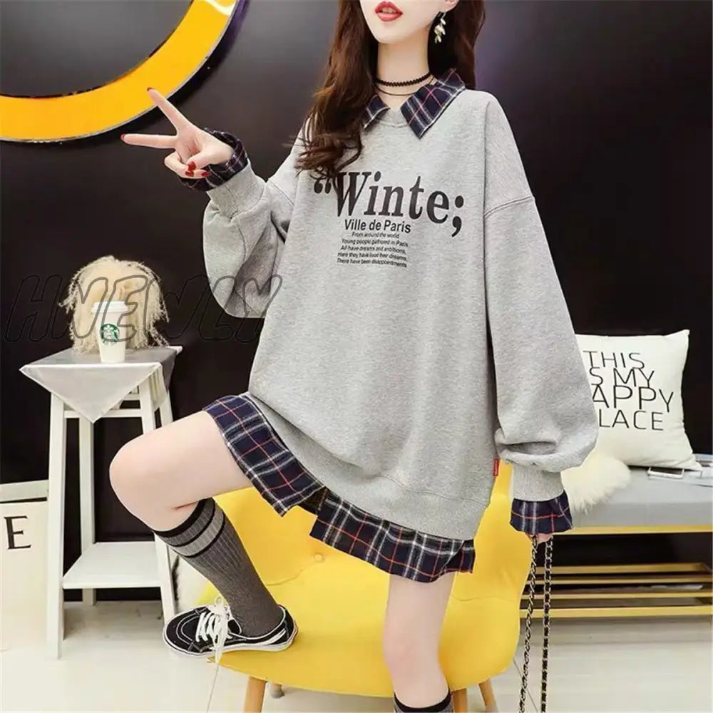 Hnewly Black Hip Hop Hoodie Women Harajuku Plaid Sweatshirts Japan Kawaii Femme Casual Pullover