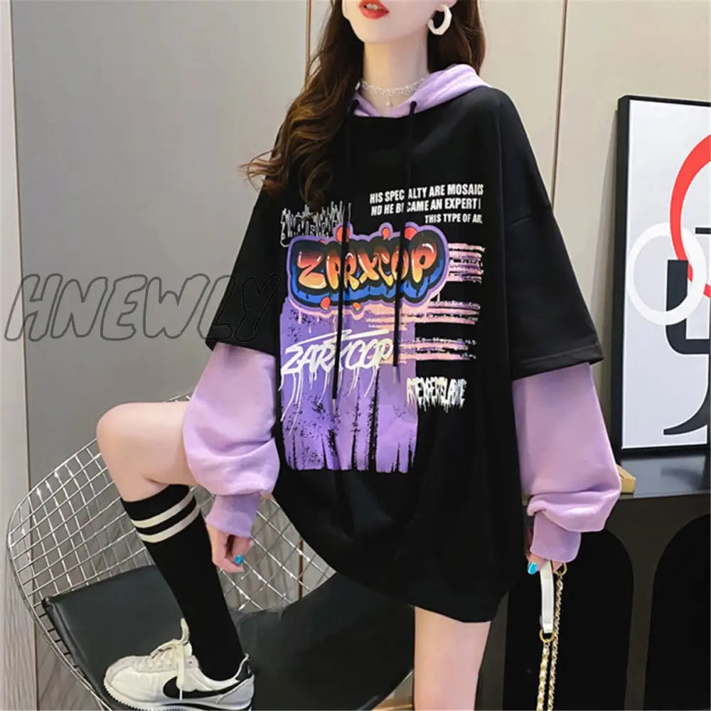 Hnewly Black Hip Hop Hoodie Women Harajuku Plaid Sweatshirts Japan Kawaii Femme Casual Pullover