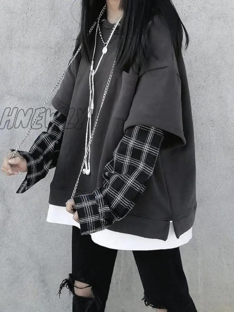 Hnewly Black Hip Hop Hoodie Women Harajuku Plaid Sweatshirts Japan Kawaii Femme Casual Pullover
