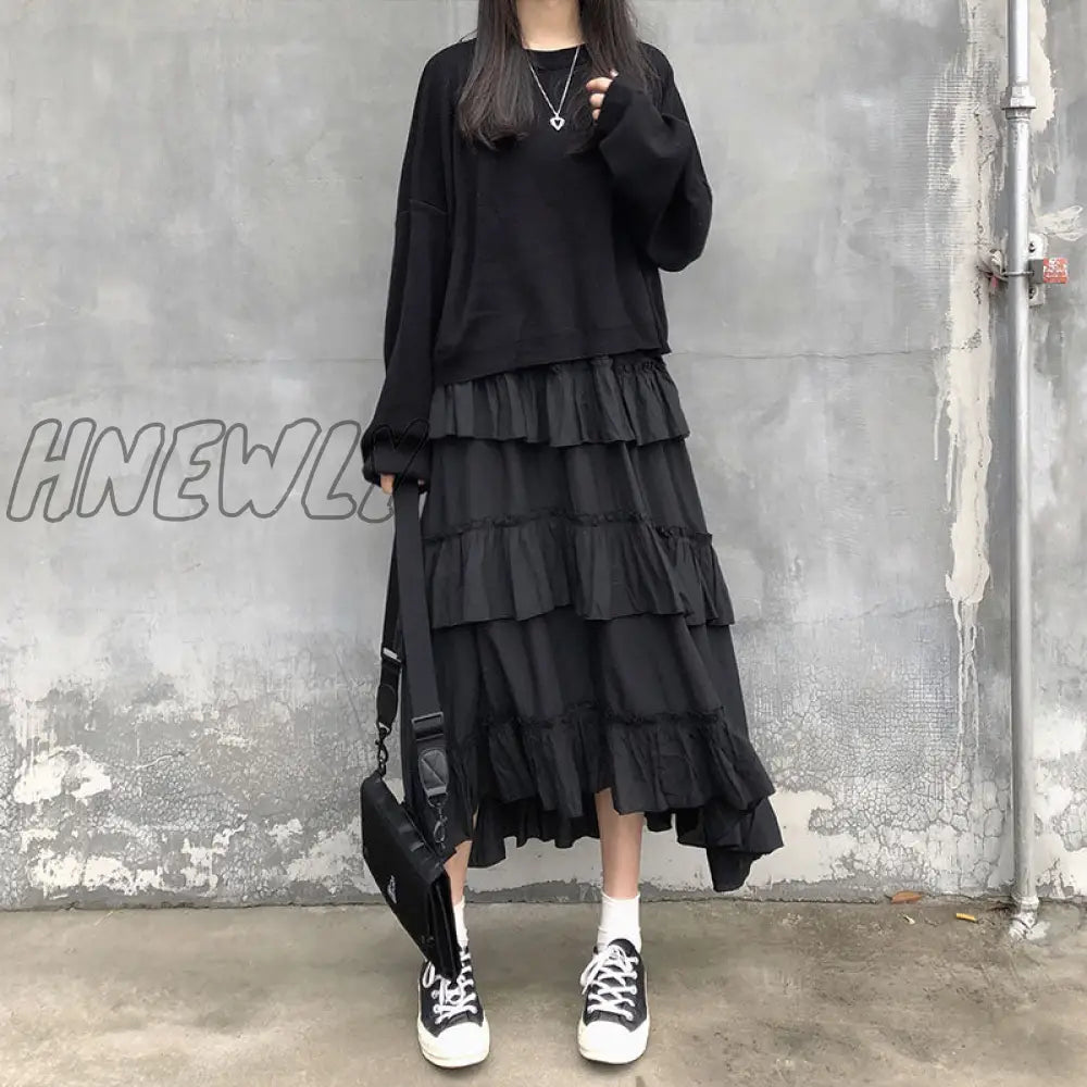 Hnewly Black Long Skirts Women Gothic High Low Ruched Ruffle Waisted Asymmetrical Midi Skirt Korean