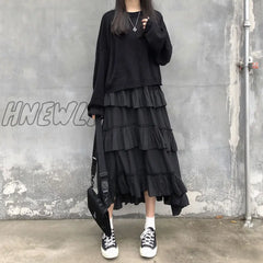 Hnewly Black Long Skirts Women Gothic High Low Ruched Ruffle Waisted Asymmetrical Midi Skirt Korean