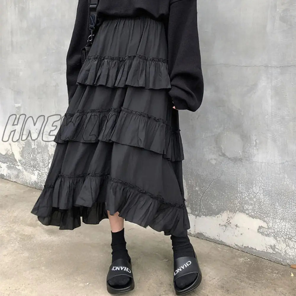 Hnewly Black Long Skirts Women Gothic High Low Ruched Ruffle Waisted Asymmetrical Midi Skirt Korean