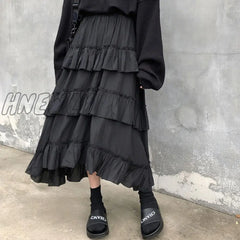 Hnewly Black Long Skirts Women Gothic High Low Ruched Ruffle Waisted Asymmetrical Midi Skirt Korean