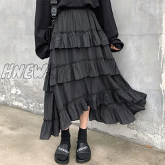 Hnewly Black Long Skirts Women Gothic High Low Ruched Ruffle Waisted Asymmetrical Midi Skirt Korean