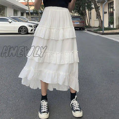 Hnewly Black Long Skirts Women Gothic High Low Ruched Ruffle Waisted Asymmetrical Midi Skirt Korean