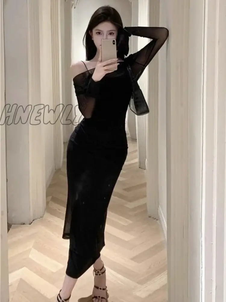 Hnewly Black Party Two-Piece Dress Women Casual Sexy Mesh Bodycon Summer Elegant Long Dresses For