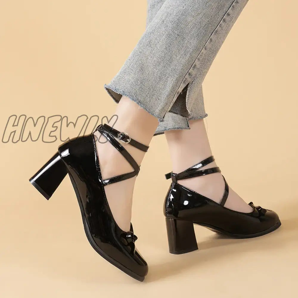 Hnewly Black Retro Cross-Tie Pumps Casual Summer Marry Janes Round Toe Shoes Ladies Lolita Sweet
