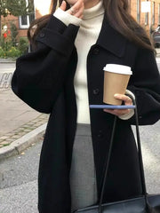Hnewly Black Short Korean Woollen Jacket Women Autumn Button Loose Casual High Street Coat Female