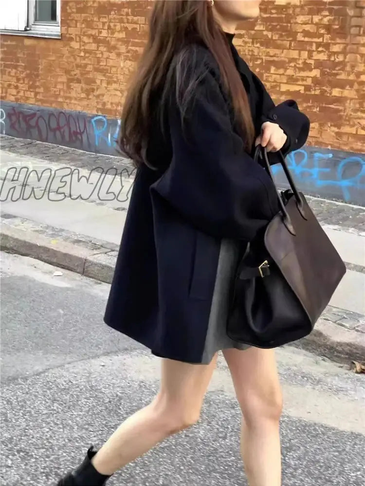 Hnewly Black Short Korean Woollen Jacket Women Autumn Button Loose Casual High Street Coat Female
