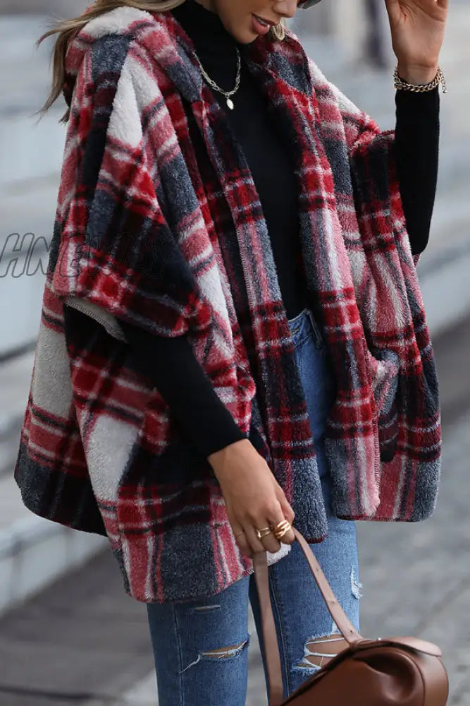 Hnewly - Black Street British Style Plaid Contrast Hooded Collar Outerwear Coats Coats & Cardigan