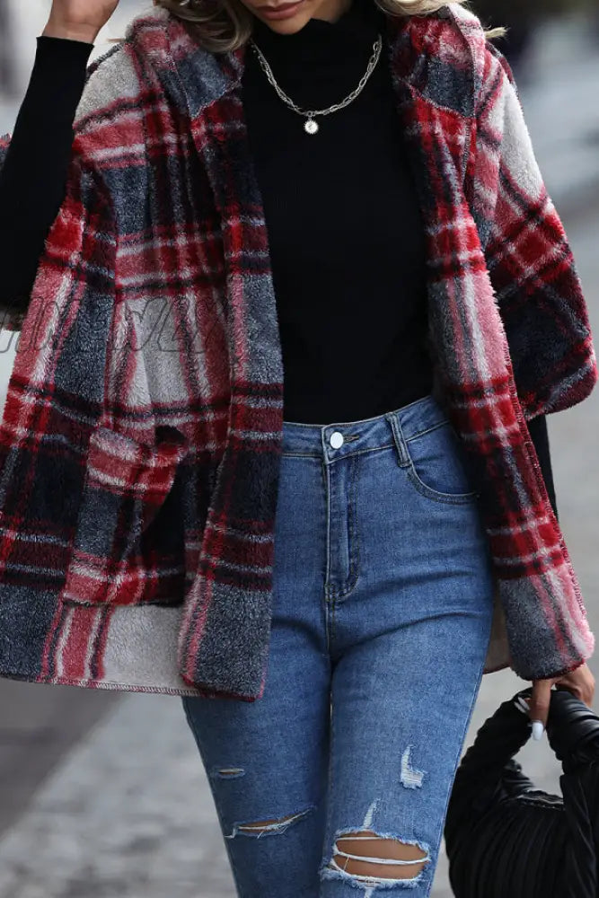 Hnewly - Black Street British Style Plaid Contrast Hooded Collar Outerwear Coats Coats & Cardigan