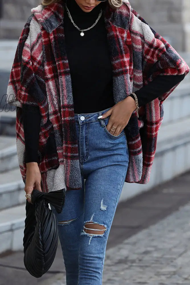 Hnewly - Black Street British Style Plaid Contrast Hooded Collar Outerwear Coats Coats & Cardigan