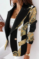Hnewly - Black White Casual Print Patchwork Buckle Buttons V Neck Outerwear Coats Suits