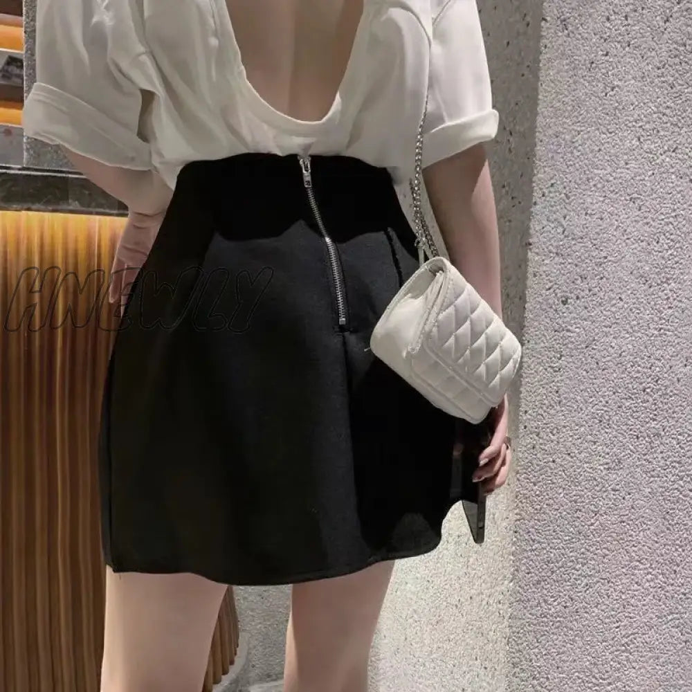 Hnewly Black White High Wiast Puffy Short Skirts Women All-Match Y2K Pocket A-Line Skirt Female