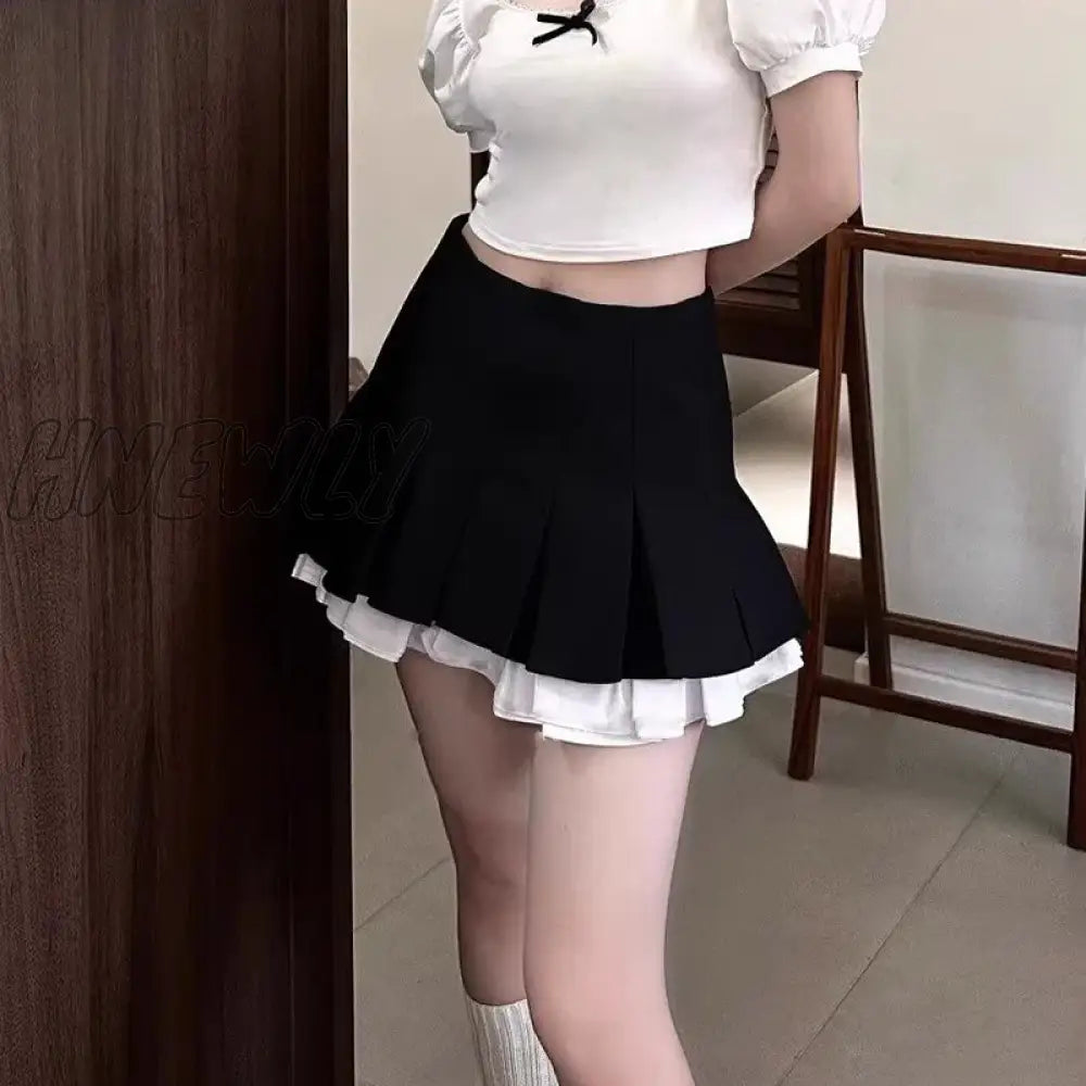 Hnewly Black White Splicing Pleated Skirt Women Kawaii High Waist Mini Skirts Fashion School Girls
