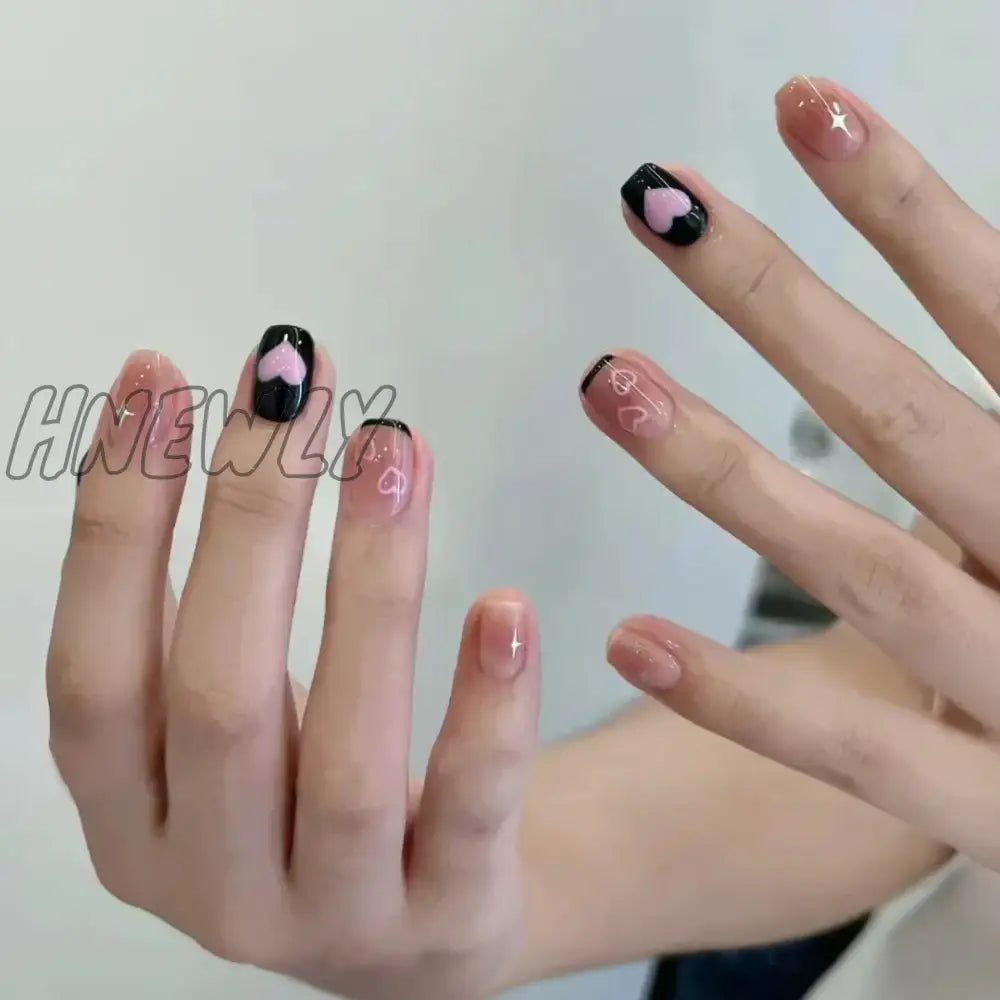 Hnewly Black Y2K Press On Nails Long Coffin Pink Fake With Diamond Designs Gradient Color Wearable
